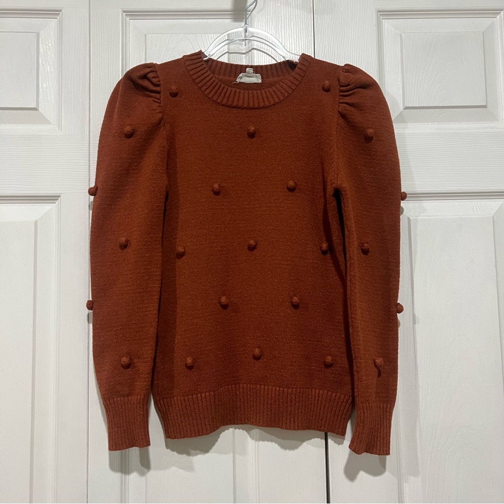 🤎 Aaron & Amber Rust / Burnt Orange Puff Sleve Sweater with Pom Poms - Small